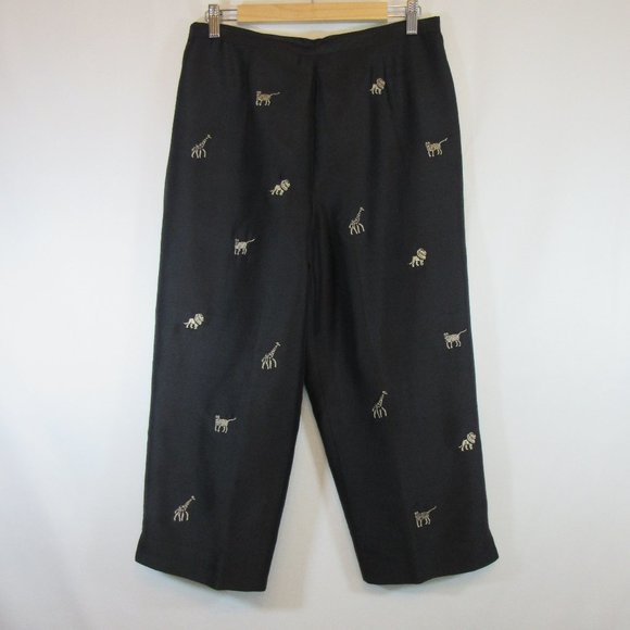 Pants - Silk Capri Black Embroidered Safari Animals Tiger Lion Giraffe Pants